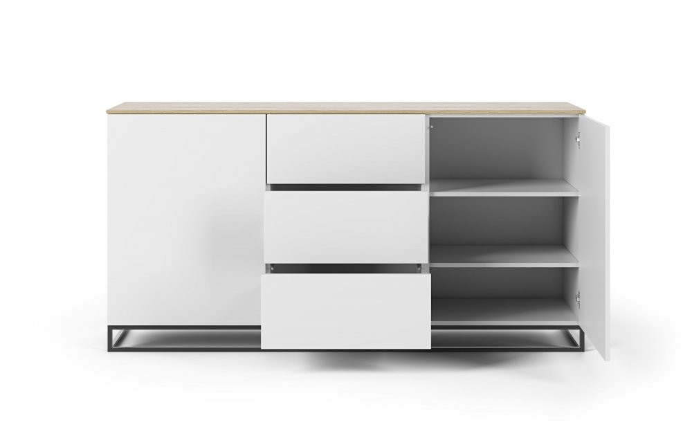 Buffet WHITY 2 blanc mat 180cm 2 portes/3 tiroirs Plateau en bois de chêne clair avec pieds noir métal